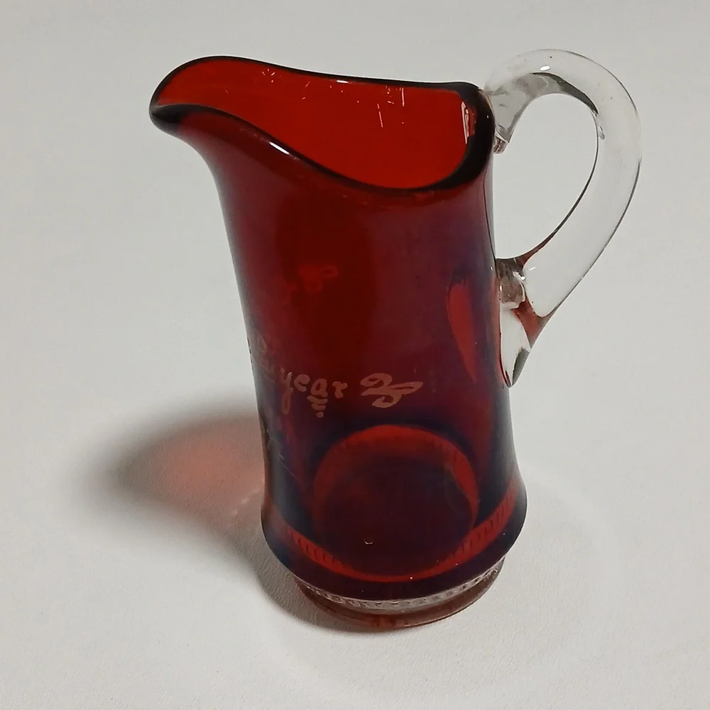 Ruby Red Stain Flash Glass Creamer to Clear Glass Handle Vintage 1907 - Picture 9 of 11